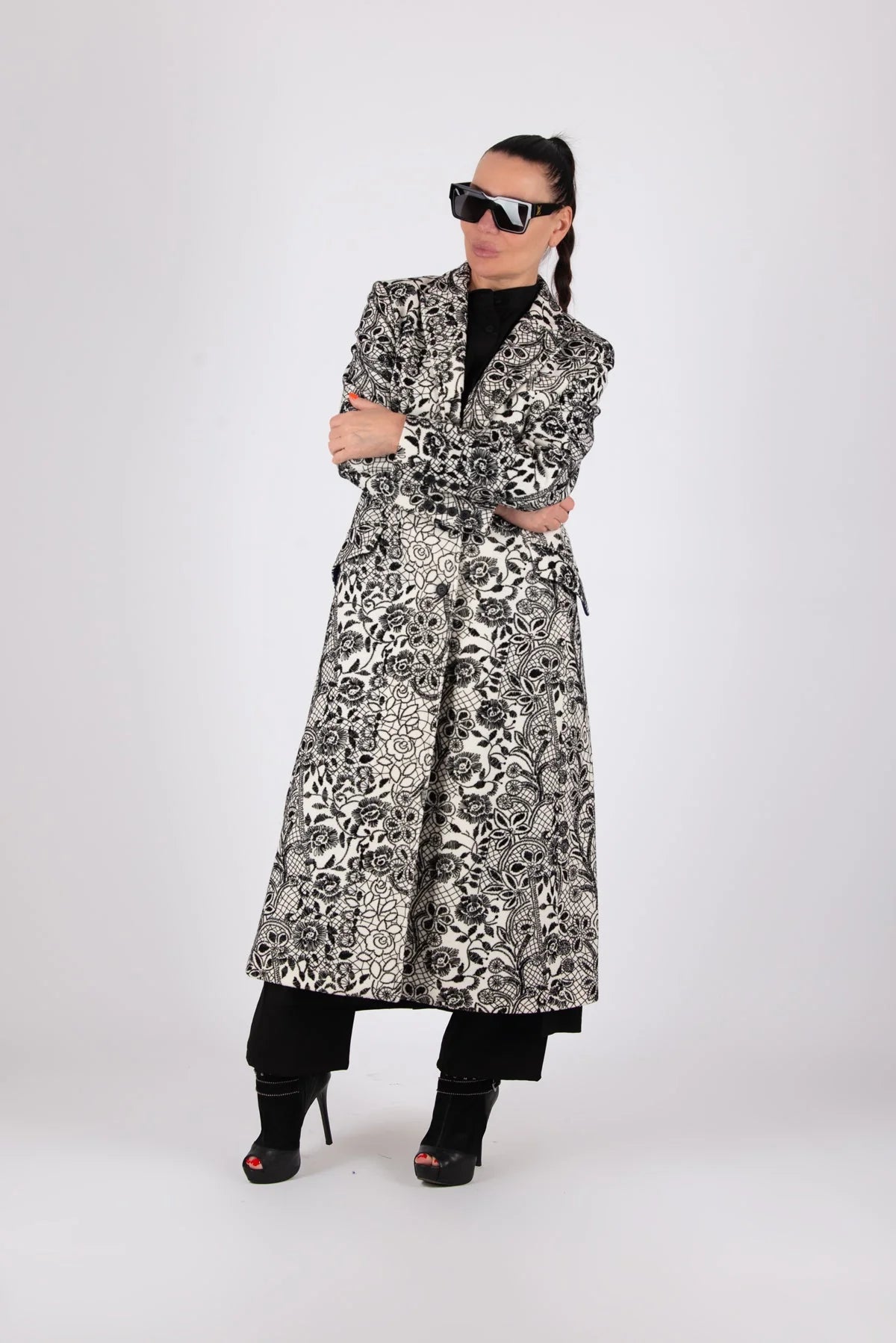 Long Wool Black & White Winter Coat Astela, Black-White / 2XL
