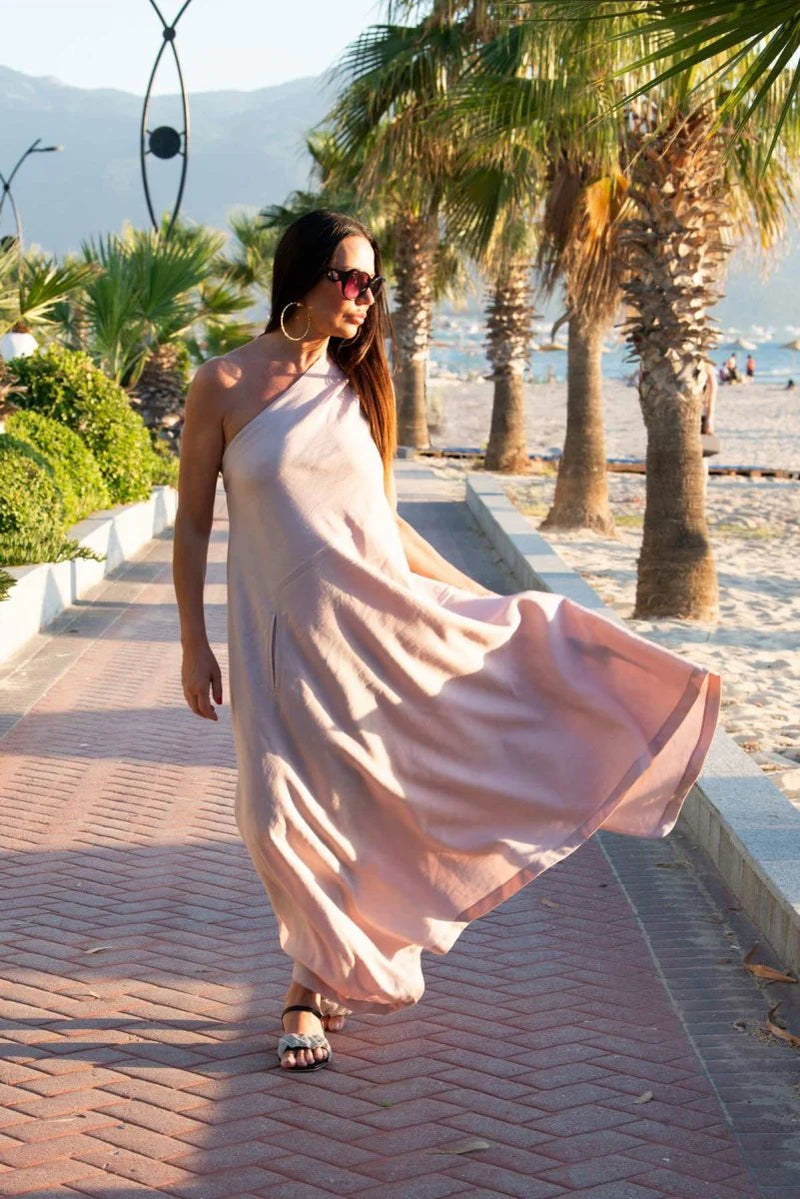 Baby Pink Linen One Shoulder Dress TIFFANY