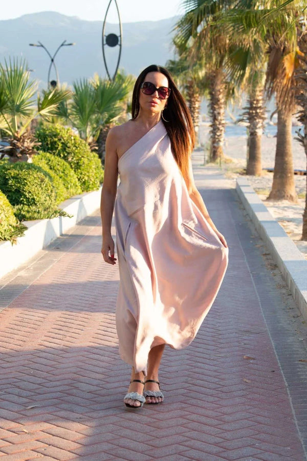 Baby Pink Linen One Shoulder Dress TIFFANY