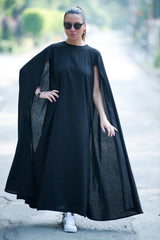 Black Cape Linen Dress JESSICA - EUG FASHION