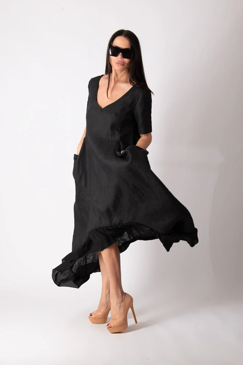 CASABLANCA BLACK WIDE LINEN DRESS