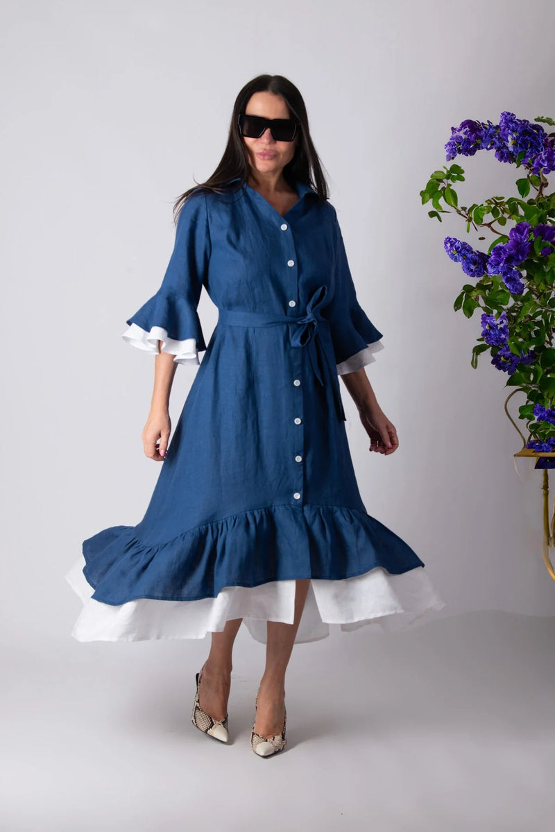 Linen Blue Dress SALEM, Blue / 2XL Linen Blue Dress SALEM, Blue / 2XL