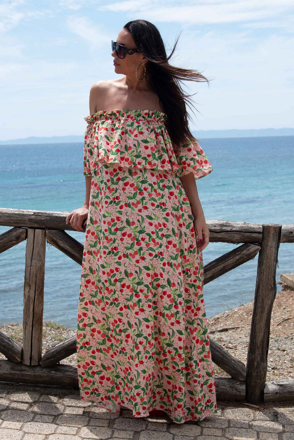 Shop The Tara Linen Off Shoulders Dress | DFold Clothing Cherries / Xs Shop The Tara Linen Off Shoulders Dress | DFold Clothing Cherries / Xs