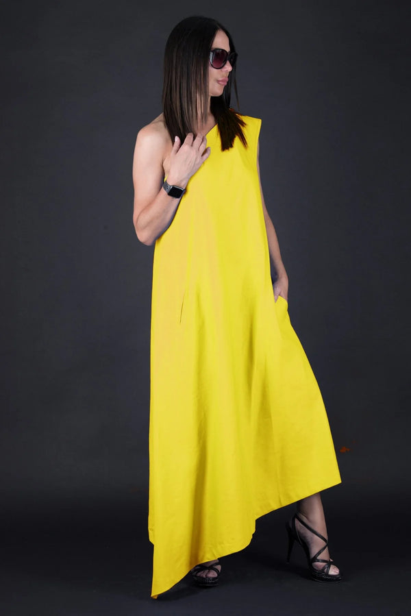 TIFFANY Yellow Linen Dress With One Shoulder on SALE