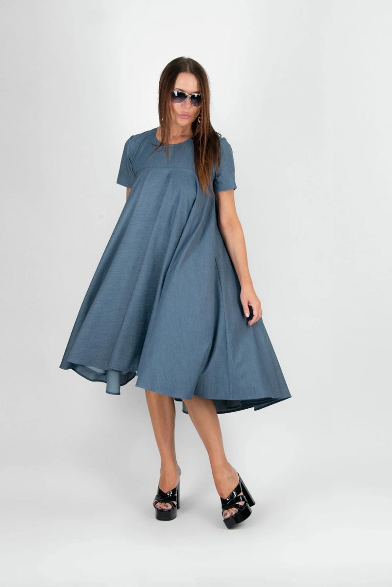 Image of the KOSARA A-line Summer Maxi Dress featuring a classic blue jeans pattern.