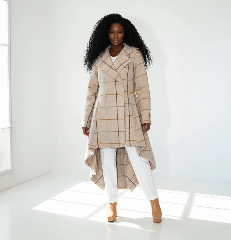 Plaid High-Low Coat, Double-Breasted Asymmetrical Fit Albena