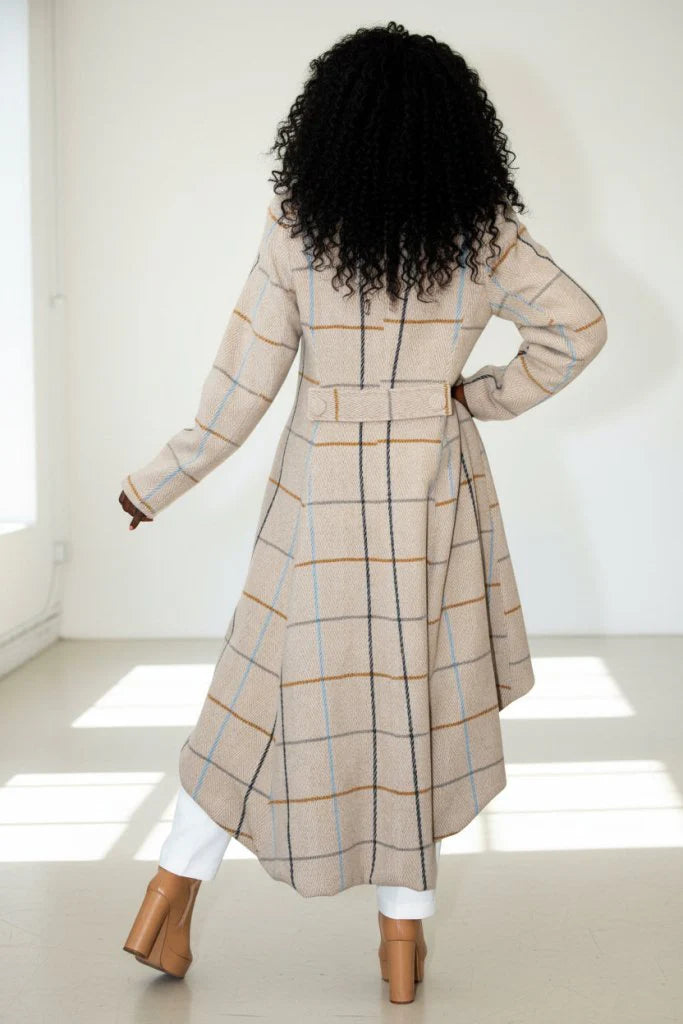 Plaid High-Low Coat, Double-Breasted Asymmetrical Fit Albena