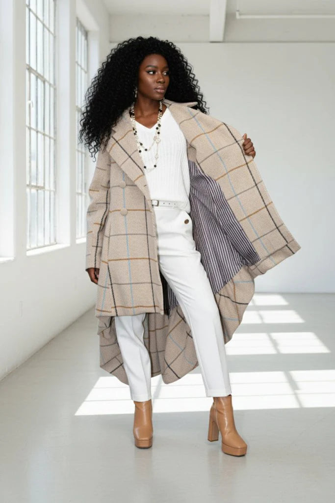 Plaid High-Low Coat, Double-Breasted Asymmetrical Fit Albena