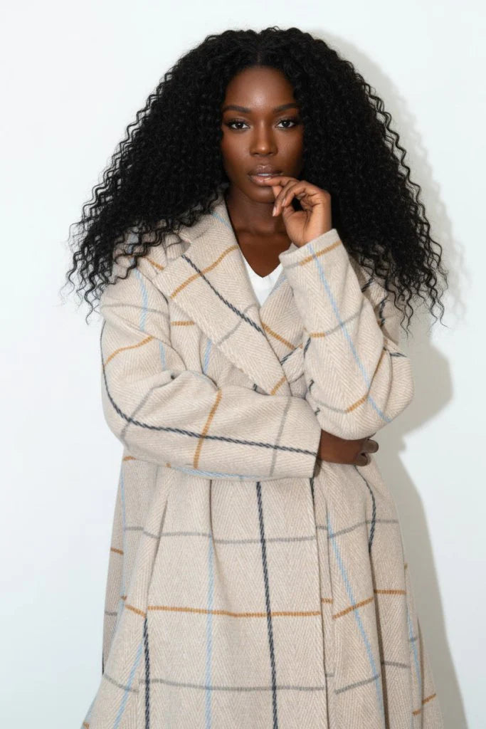 Plaid High-Low Coat, Double-Breasted Asymmetrical Fit Albena