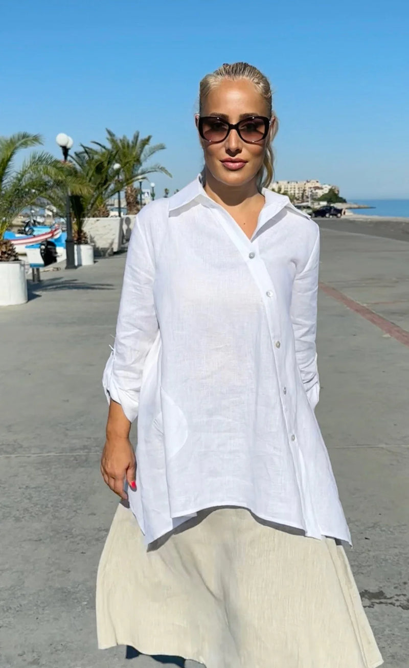 DFold Clothing PALERMO TIMELESS WHITE LINEN SHIRT - Front View