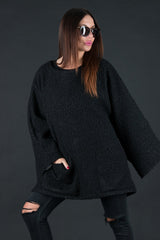 Wool Black Plus Size Winter Poncho, Tops & Tunics