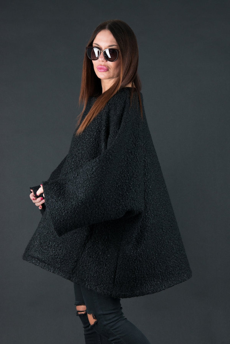 Wool Black Plus Size Winter Poncho, Tops & Tunics