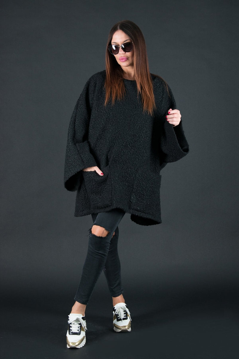 Wool Black Plus Size Winter Poncho, Tops & Tunics