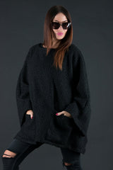 Wool Black Plus Size Winter Poncho, Tops & Tunics