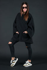 Wool Black Plus Size Winter Poncho, Tops & Tunics