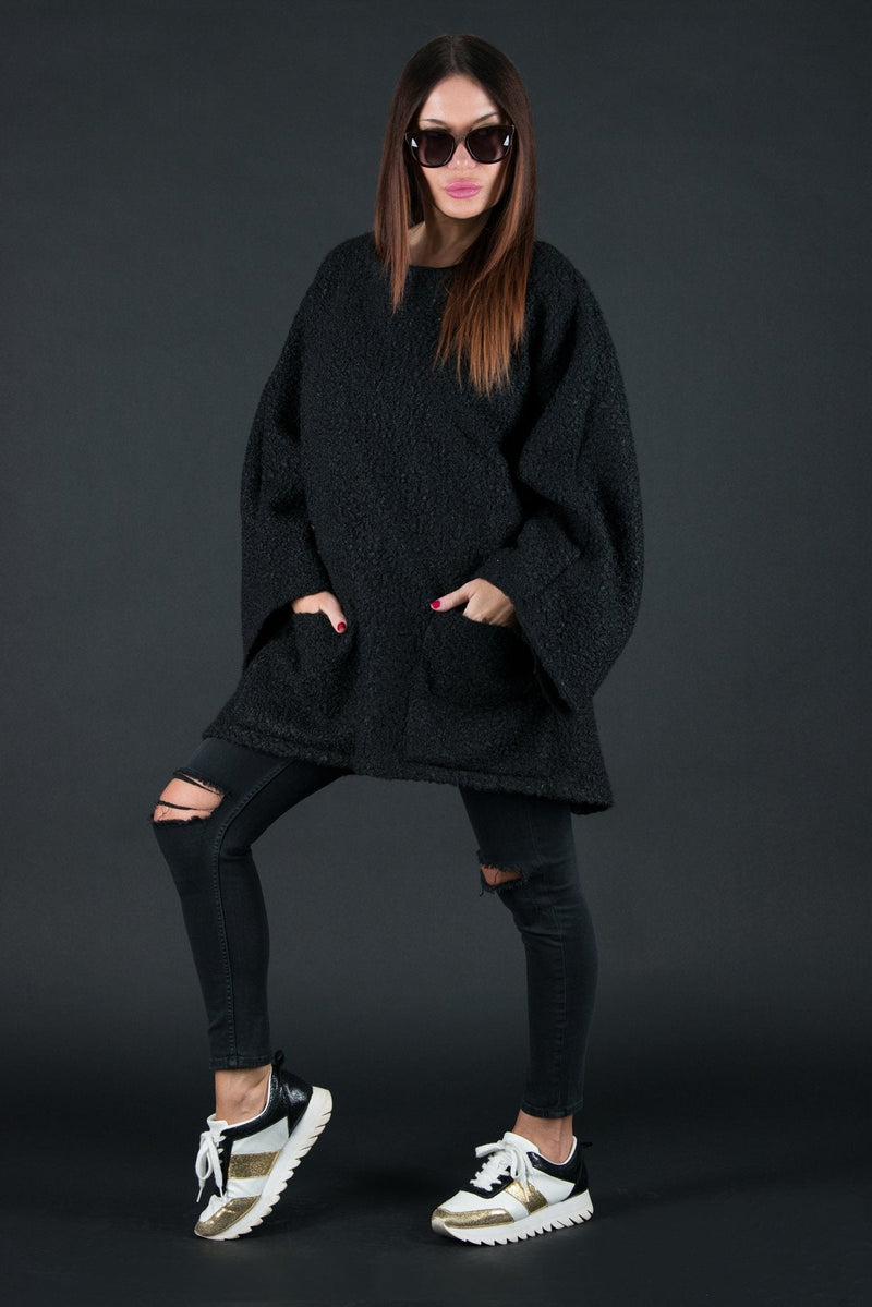 Wool Black Plus Size Winter Poncho, Tops & Tunics