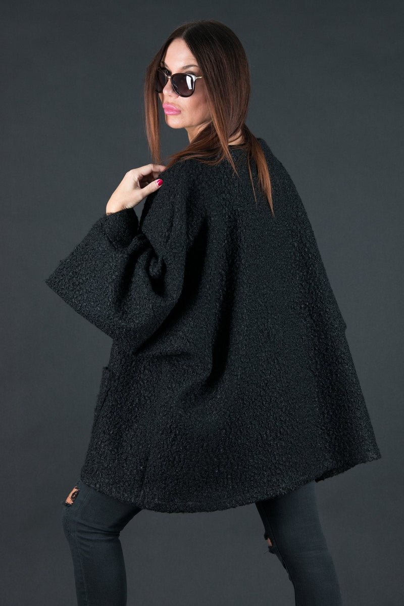 Wool Black Plus Size Winter Poncho, Tops & Tunics