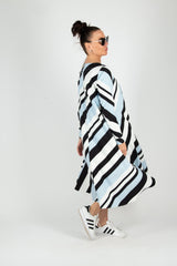 MARGO A-line Stripe Dress by DFold Clothing - chic stripe print, mid-calf length, long sleeves, and convenient side pockets.