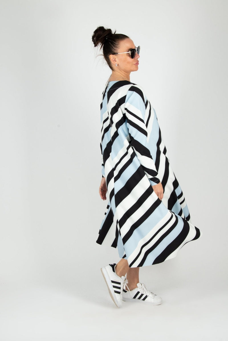 MARGO A-line Stripe Dress by DFold Clothing - chic stripe print, mid-calf length, long sleeves, and convenient side pockets.