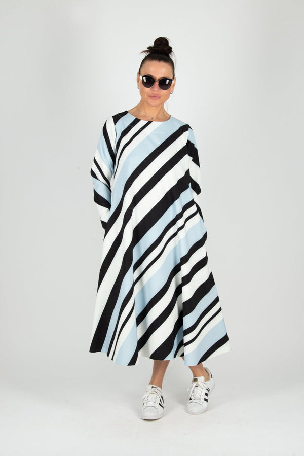 MARGO A-line Stripe Dress by DFold Clothing - chic stripe print, mid-calf length, long sleeves, and convenient side pockets.