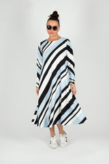 MARGO A-line Stripe Dress by DFold Clothing - chic stripe print, mid-calf length, long sleeves, and convenient side pockets.