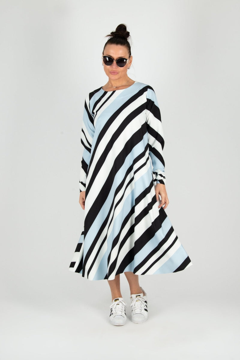 MARGO A-line Stripe Dress by DFold Clothing - chic stripe print, mid-calf length, long sleeves, and convenient side pockets.