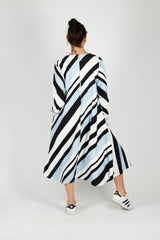 MARGO A-line Stripe Dress by DFold Clothing - chic stripe print, mid-calf length, long sleeves, and convenient side pockets.