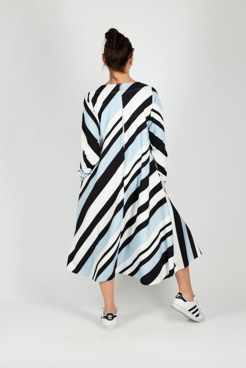 MARGO A-line Stripe Dress by DFold Clothing - chic stripe print, mid-calf length, long sleeves, and convenient side pockets.