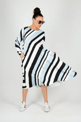 MARGO A-line Stripe Dress by DFold Clothing - chic stripe print, mid-calf length, long sleeves, and convenient side pockets.