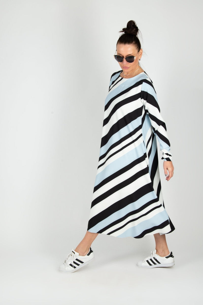 MARGO A-line Stripe Dress by DFold Clothing - chic stripe print, mid-calf length, long sleeves, and convenient side pockets.