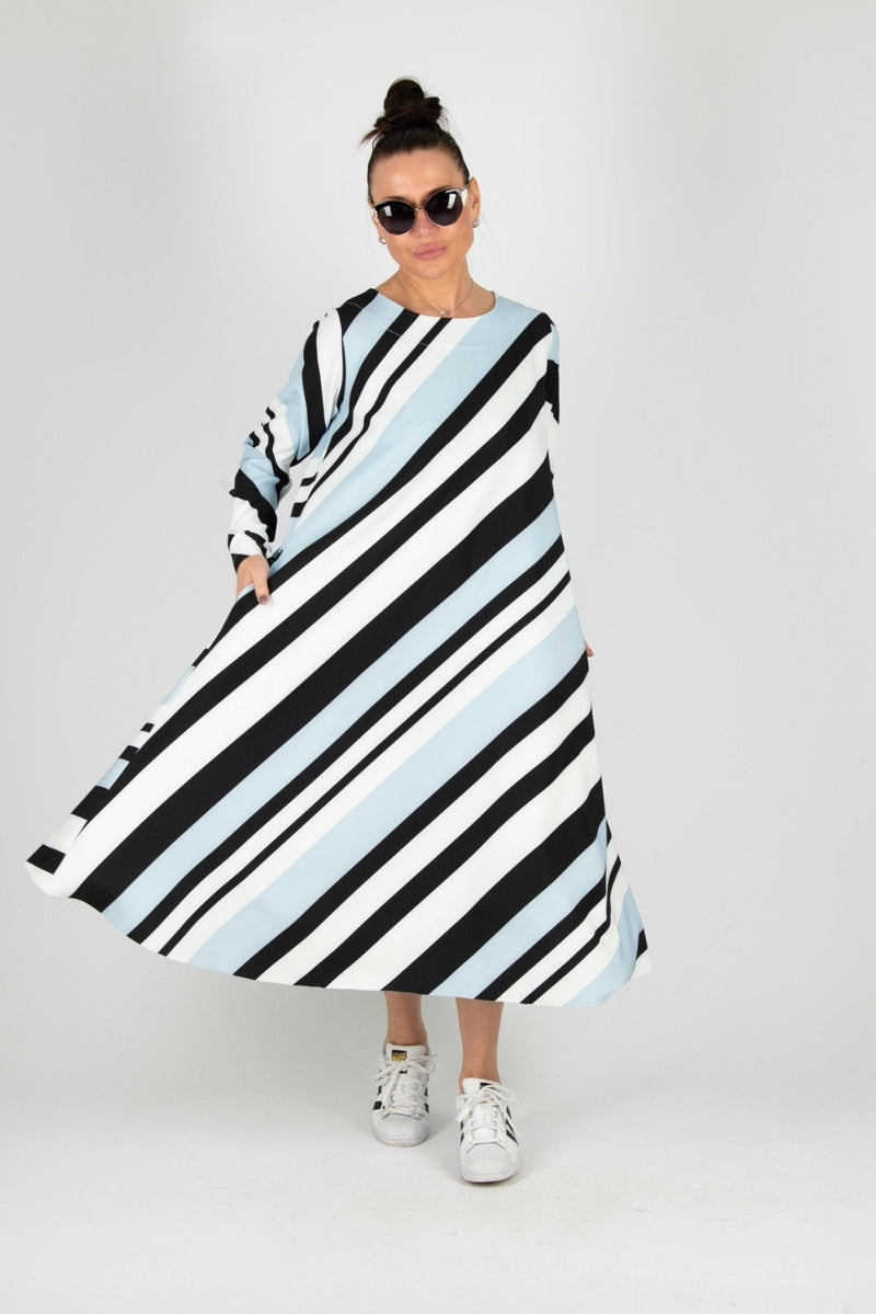 MARGO A-line Stripe Dress by DFold Clothing - chic stripe print, mid-calf length, long sleeves, and convenient side pockets.