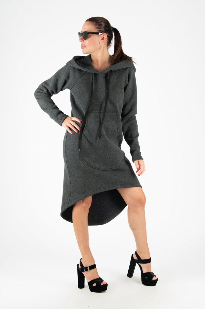 Discover Comfort and Style with TAYLOR Asymmetric Hooded Dress | DFold Clothing Dark Grey / Custom Size Discover Comfort and Style with TAYLOR Asymmetric Hooded Dress | DFold Clothing Dark Grey / Custom Size