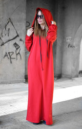 IREN Autumn Red Hooded Maxi Dress - D FOLD Clothing