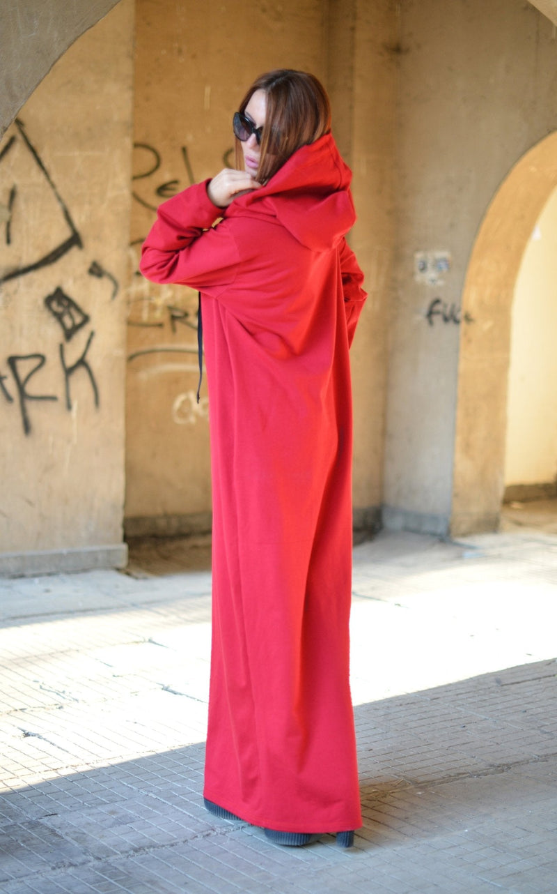 IREN Autumn Red Hooded Maxi Dress - D FOLD Clothing