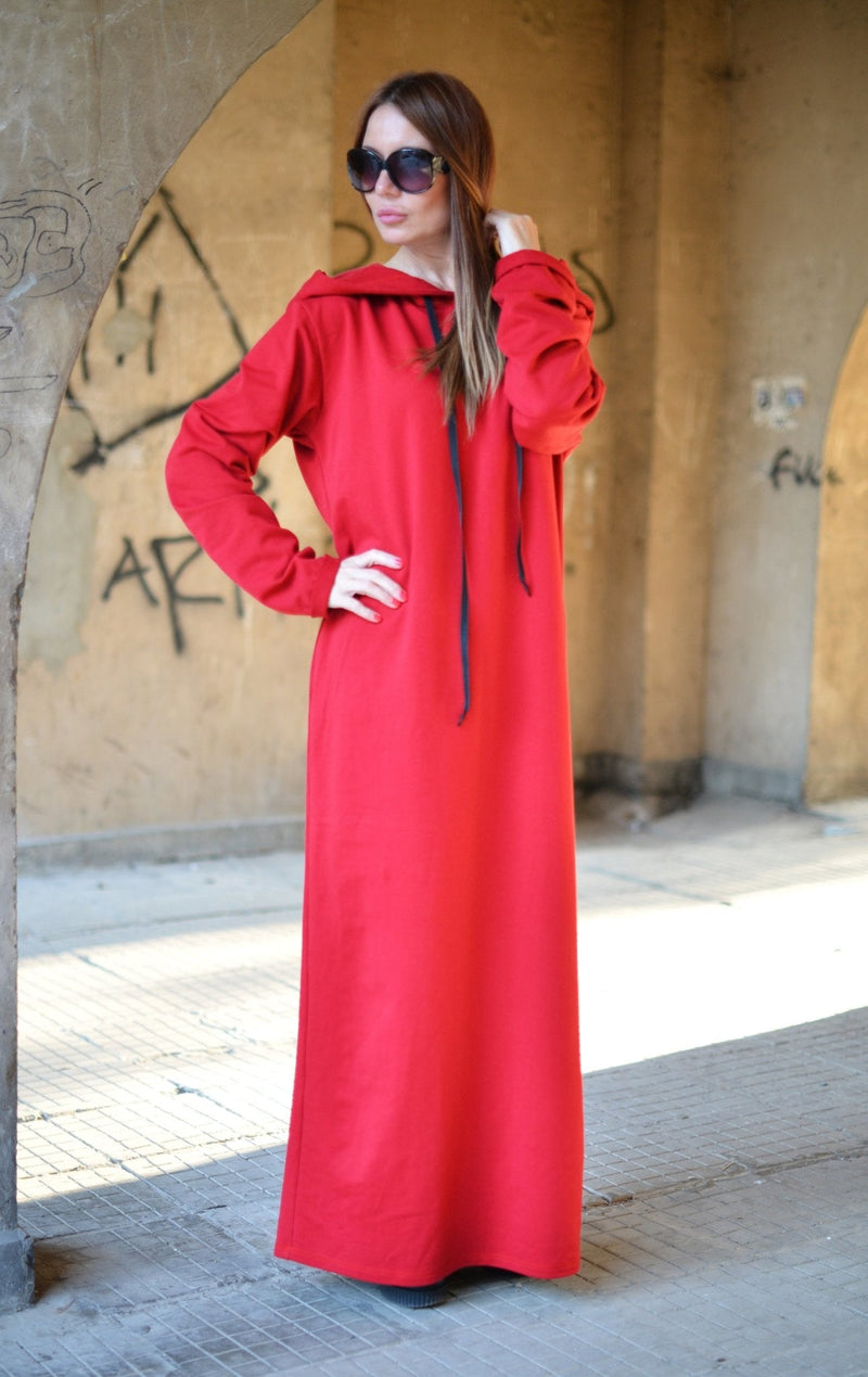 IREN Autumn Red Hooded Maxi Dress - D FOLD Clothing