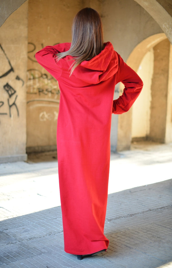 IREN Autumn Red Hooded Maxi Dress - D FOLD Clothing