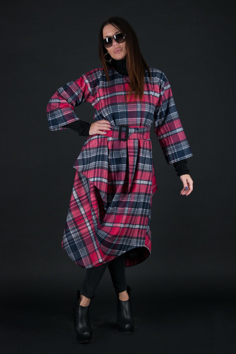 TRACY Autumn Winter Dress - Chic Checkered Pink Design D FOLD CLOTHING