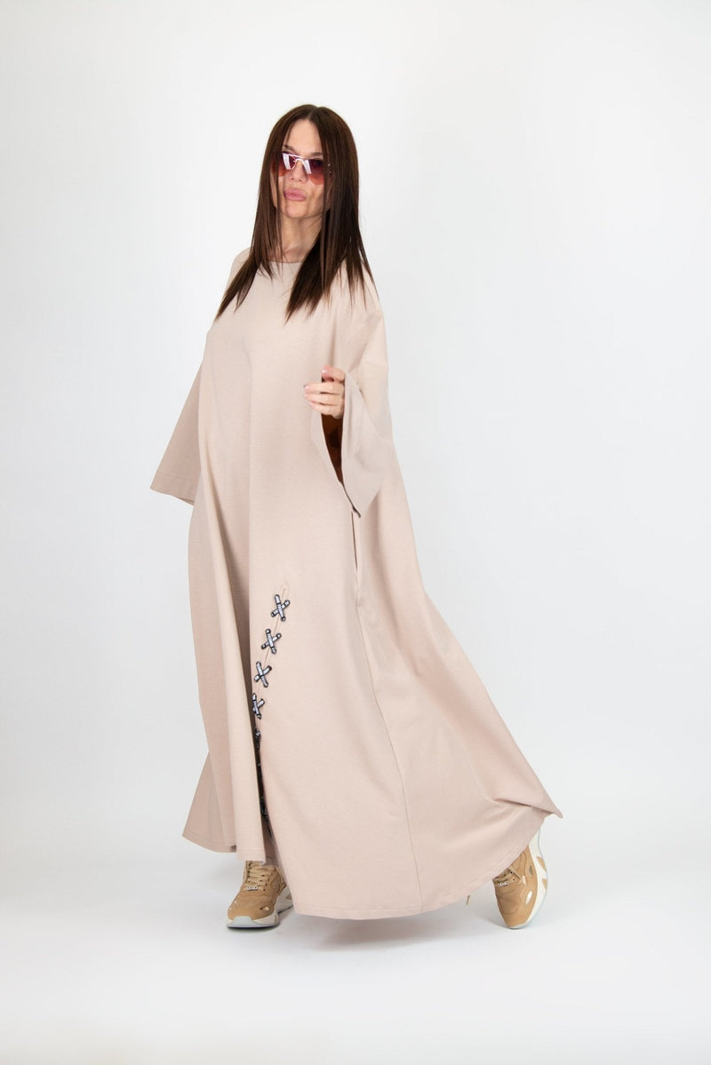 SAVINA Beige Long Cotton Dress - D FOLD Clothing