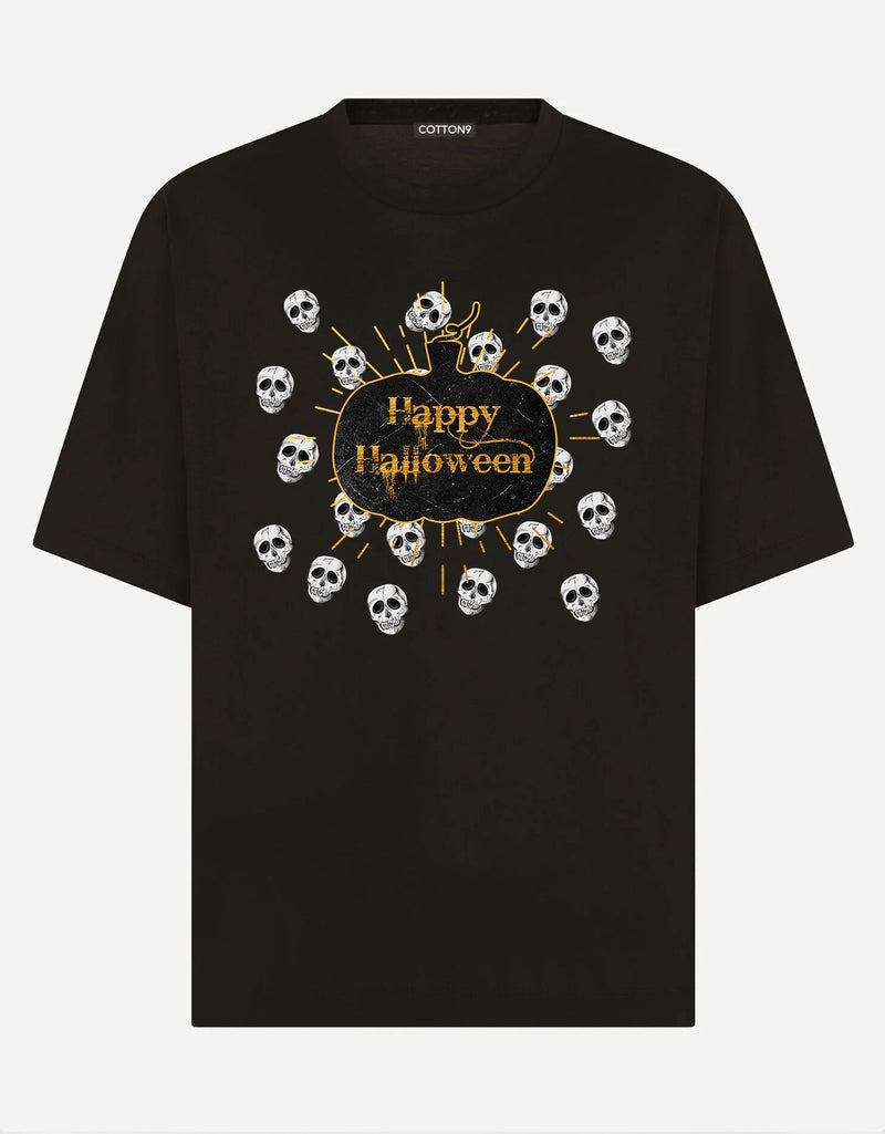 Happy Halloween Pumpkin & Skulls Print T-shirt