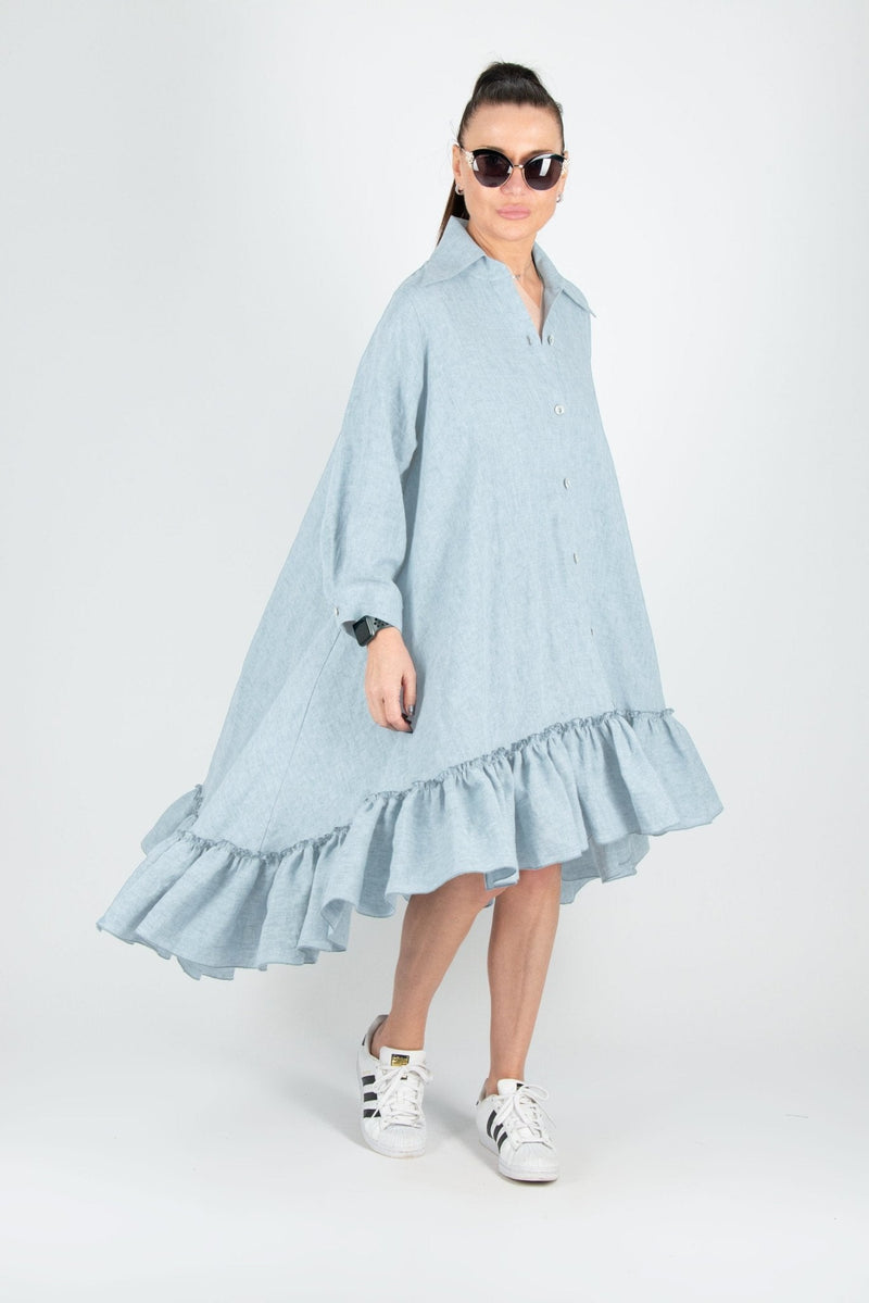 Blue Linen summer Dress VANESA - EUG FASHION