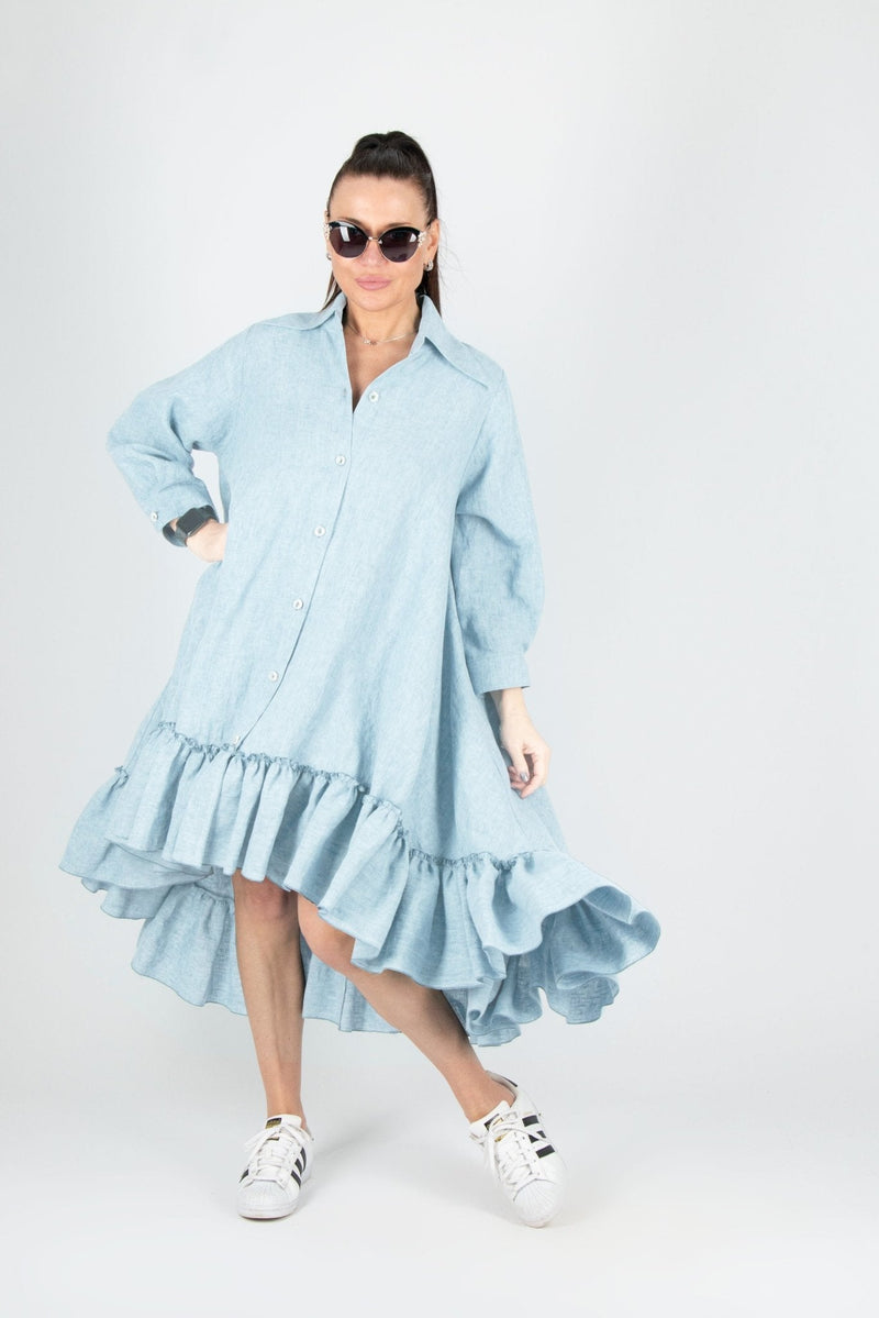 Blue Linen summer Dress VANESA - EUG FASHION