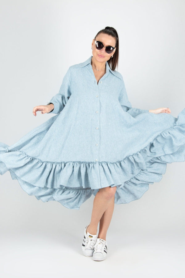 Blue Linen summer Dress VANESA - EUG FASHION