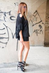 Black loose-fitting summer cotton top by DFold Clothing.