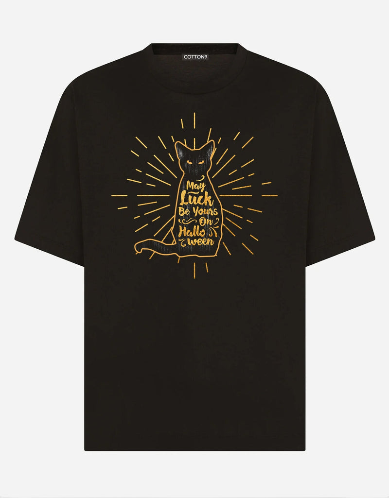 Halloween Black Cat with Golden Elements T-shirt - EUG FASHION