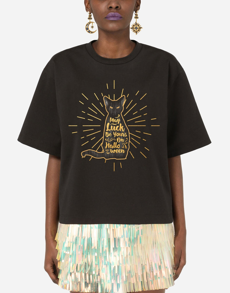 Halloween Black Cat with Golden Elements T-shirt - EUG FASHION