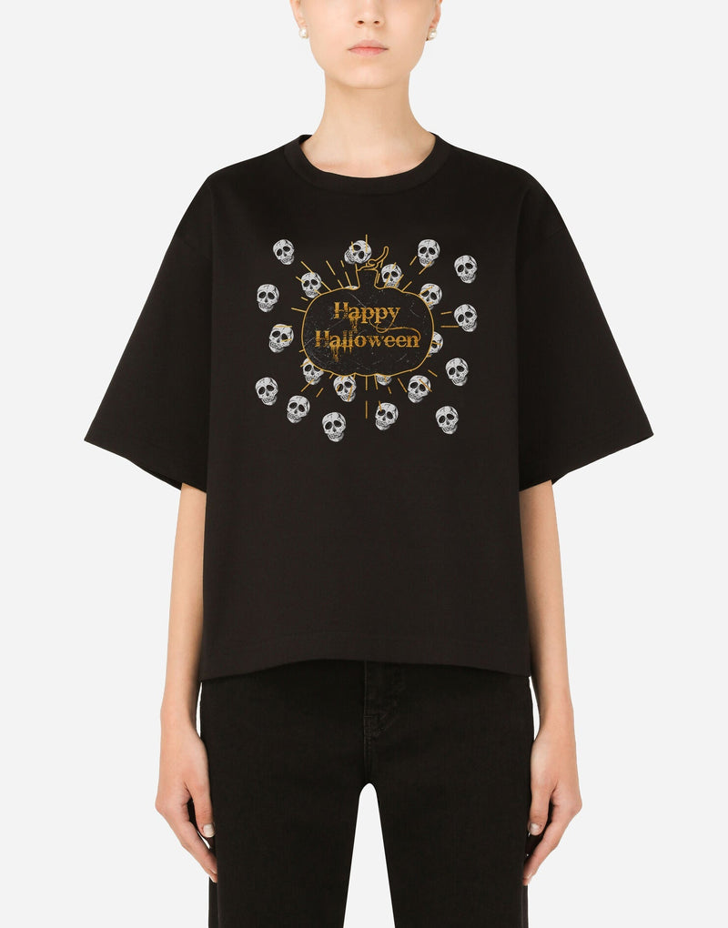 Happy Halloween Pumpkin & Skulls Print T-shirt - EUG FASHION