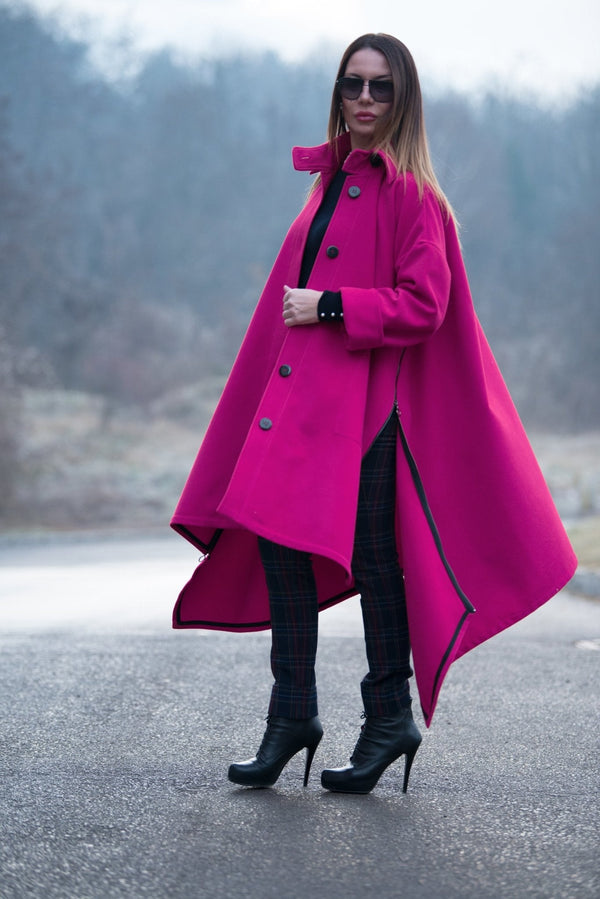 Hot Pink Women Loose Winter Coat FEDERICA - EUG FASHION