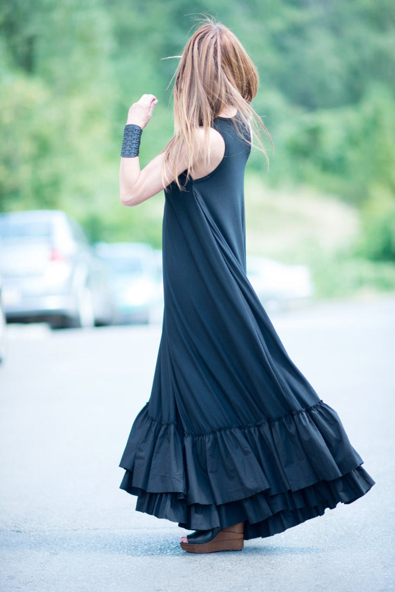 cotton maxi dress sale Blue Cotton Poplin Sleeveless Paneled Maxi Dress Custom Size (Free) / Tall (5'7" and above)