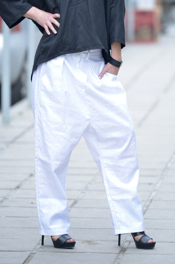 DFold Clothing's CHERRY Linen Drop Crotch Pants: Comfort meets style with relaxed fit and two side pockets.
