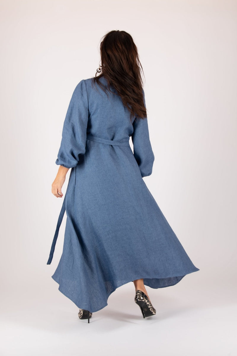 Linen Long Sleeves Wrap Dress NAPOLI - EUG FASHION